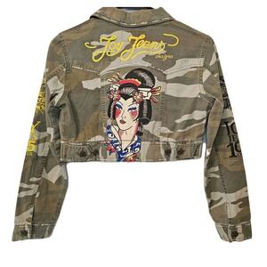 Cute Joy Jeans Camo Geisha Butterfly Cropped Denim Jacket Women's Size S